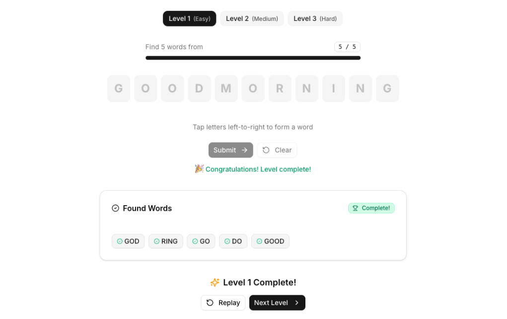 Gameplay showing letter tiles and progress tracking